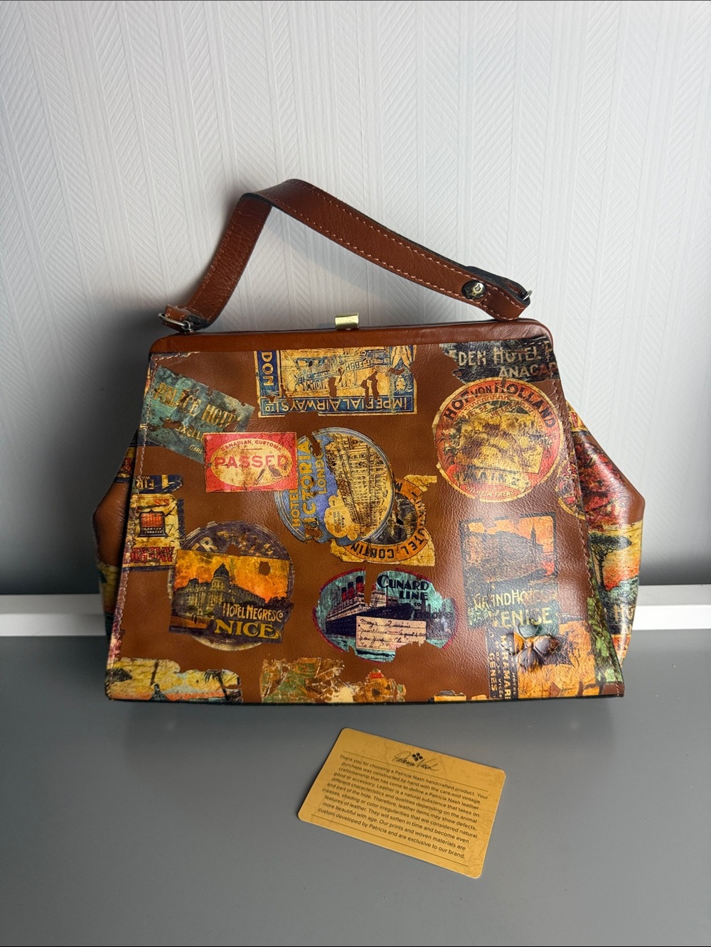 Patricia Nash Vintage Brown Travel Stamp Print Women’s Handbag Purse RARE